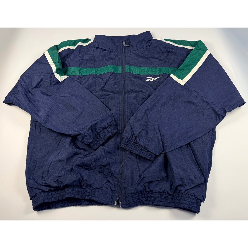 Vintage Reebok Windbreaker Jacket Mens XL Navy Blue Green Colorblock‎ Full Zip